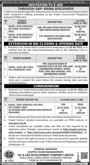 Oil & Gas Development Company Limited Islamabad Tender Notice